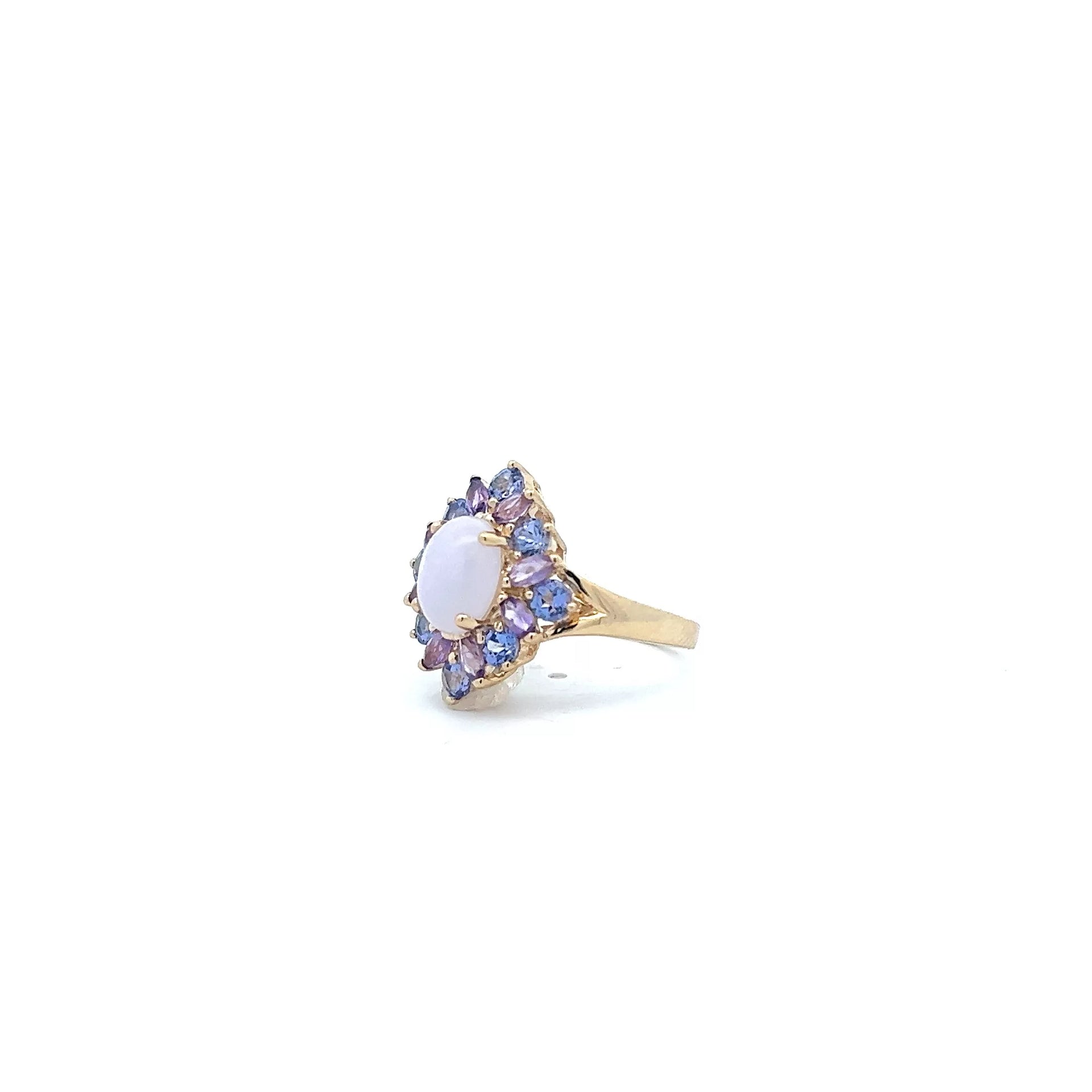 14 Karat Yellow Gold Ring with Amethyst, Jade, and Tanzanite - 7"