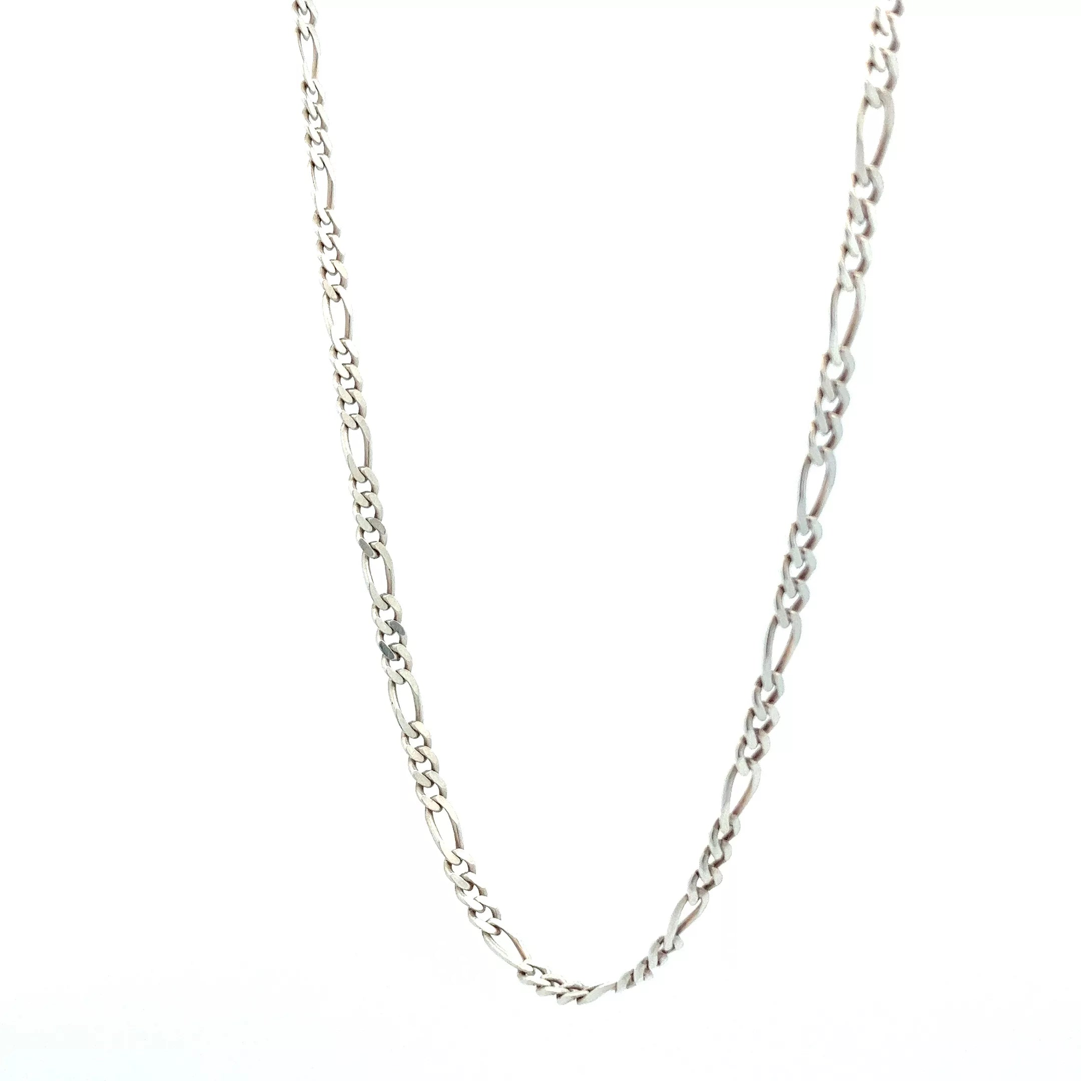 A silver chain on a white background.