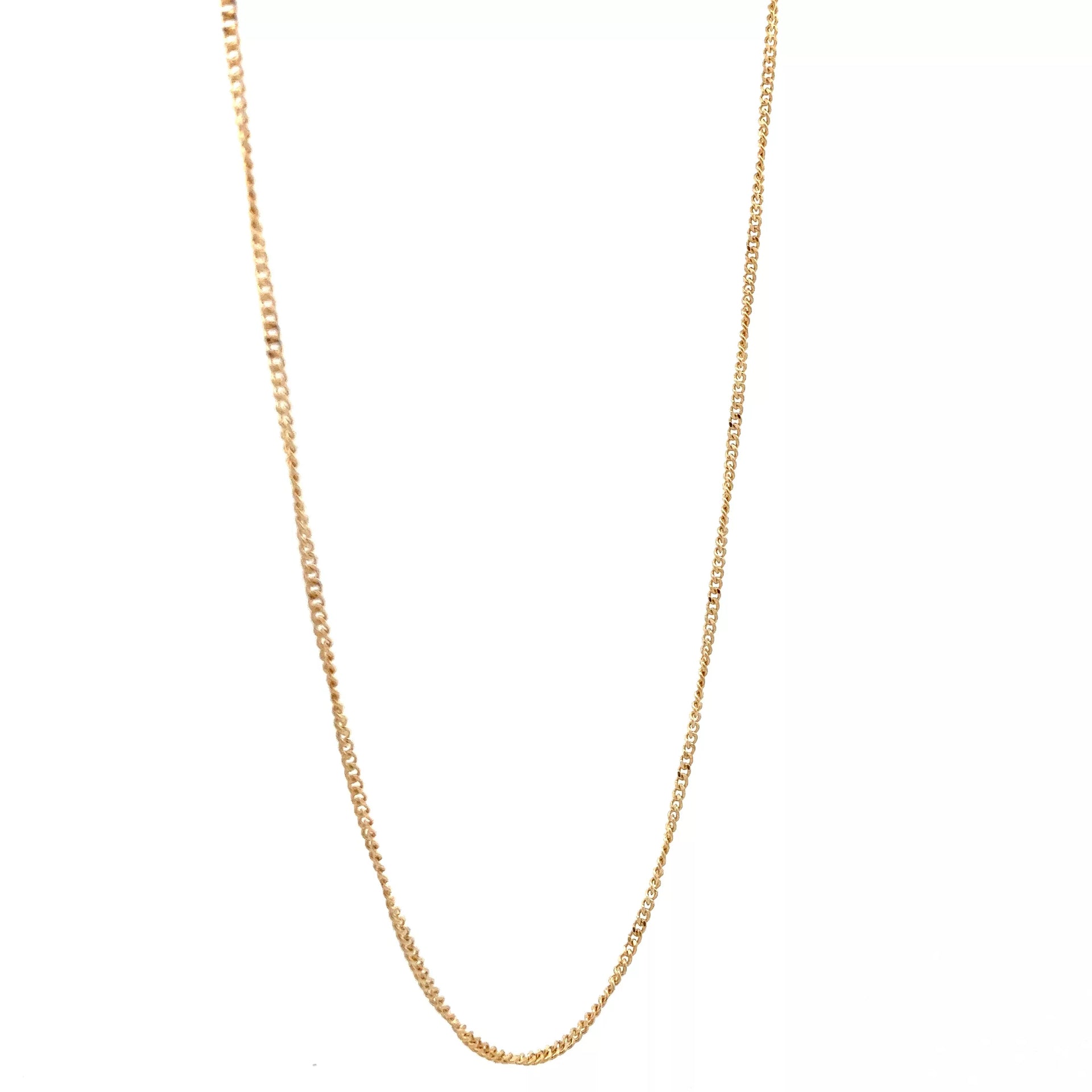 A gold chain necklace on a white background.