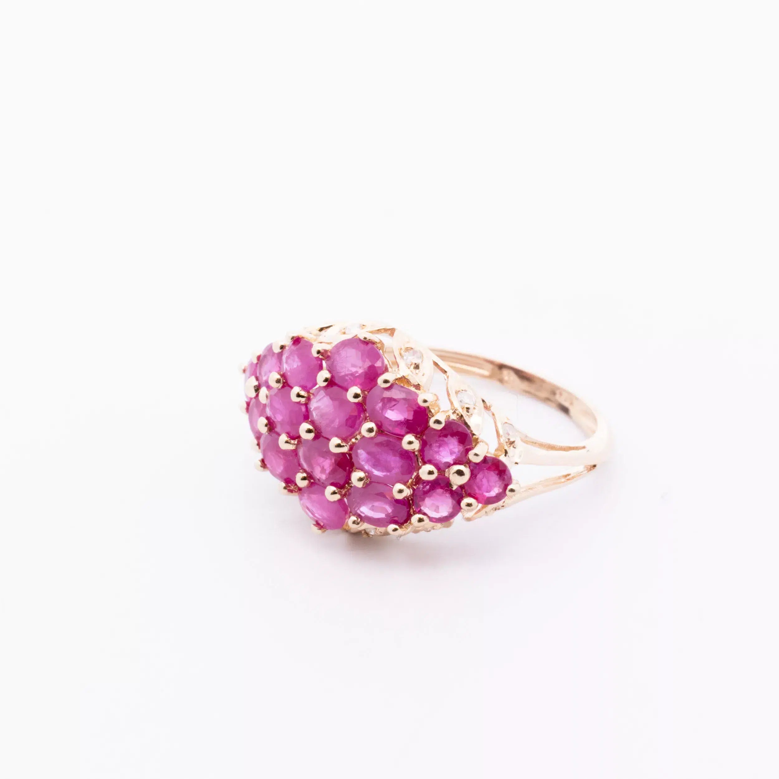 18k rose gold ruby cluster ring. is replaced with 14 Karat Yellow Gold Fashion Chain.