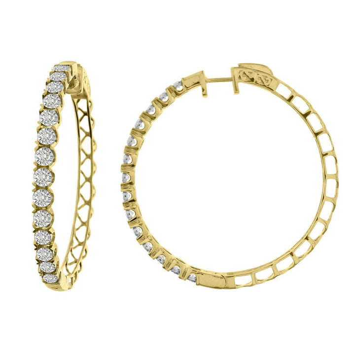 LADIES HOOP EARRINGS 1.50CT ROUND DIAMOND 10K YELLOW GOLD