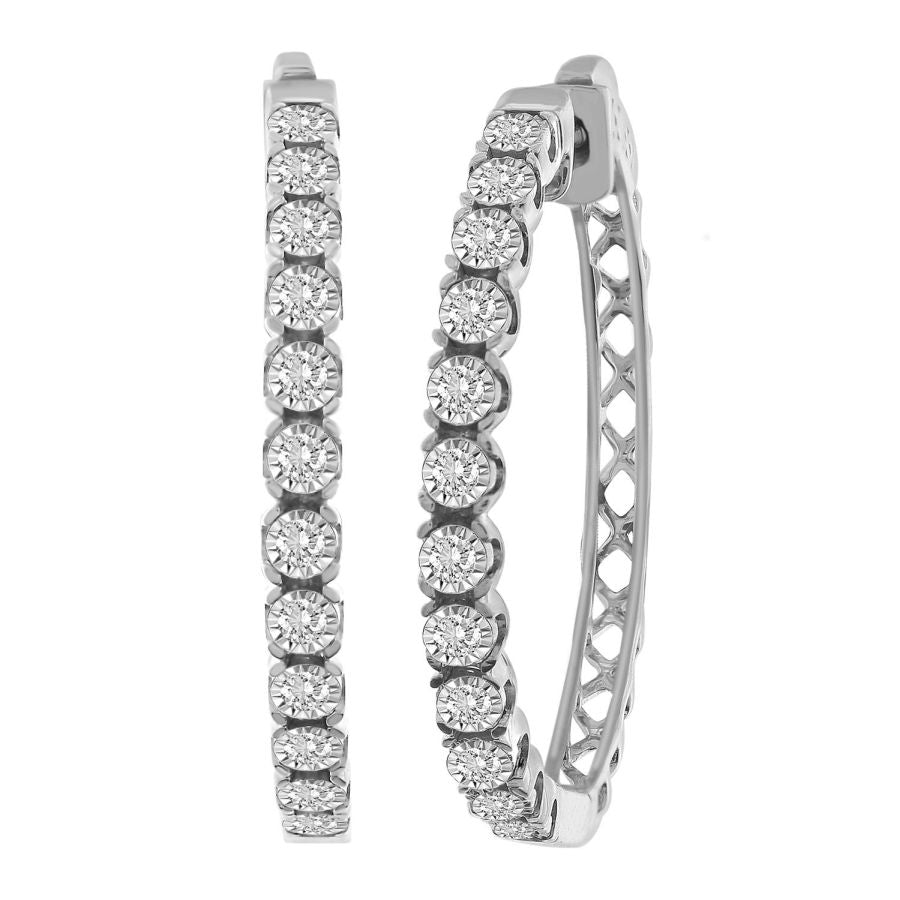 LADIES HOOP EARRINGS 0.50CT ROUND DIAMOND 10K WHITE GOLD