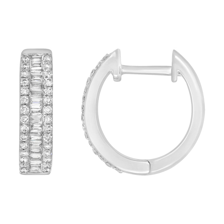 LADIES HOOP EARRINGS 0.75CT ROUND/BAGUETTE DIAMOND 14K WHITE GOLD