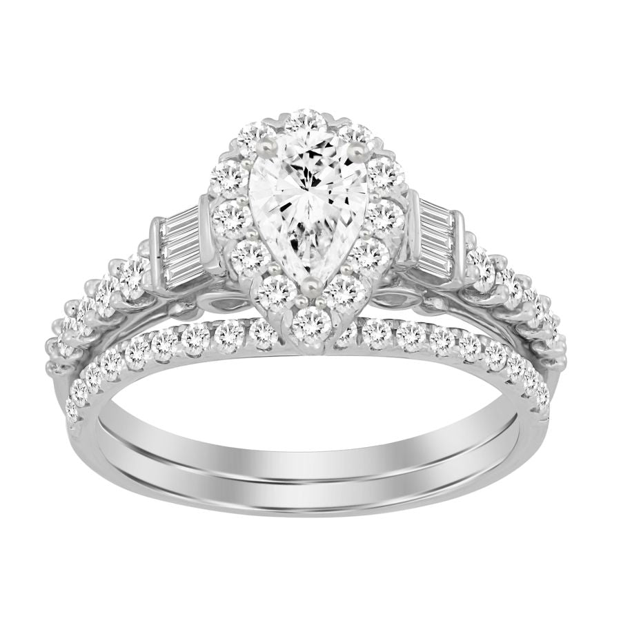 LADIES BRIDAL SET 1.00CT ROUND/BAGUETTE DIAMOND 14K WHITE GOLD (CENTER STONE 0.33CT PEAR DIAMOND)