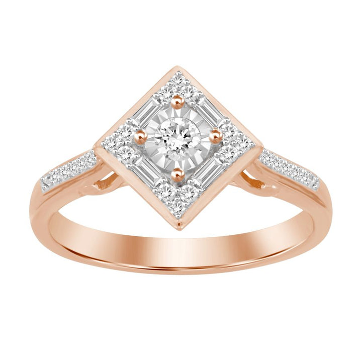 LADIES RING 0.25CT ROUND/BAGUETTE DIAMOND 10K ROSE GOLD