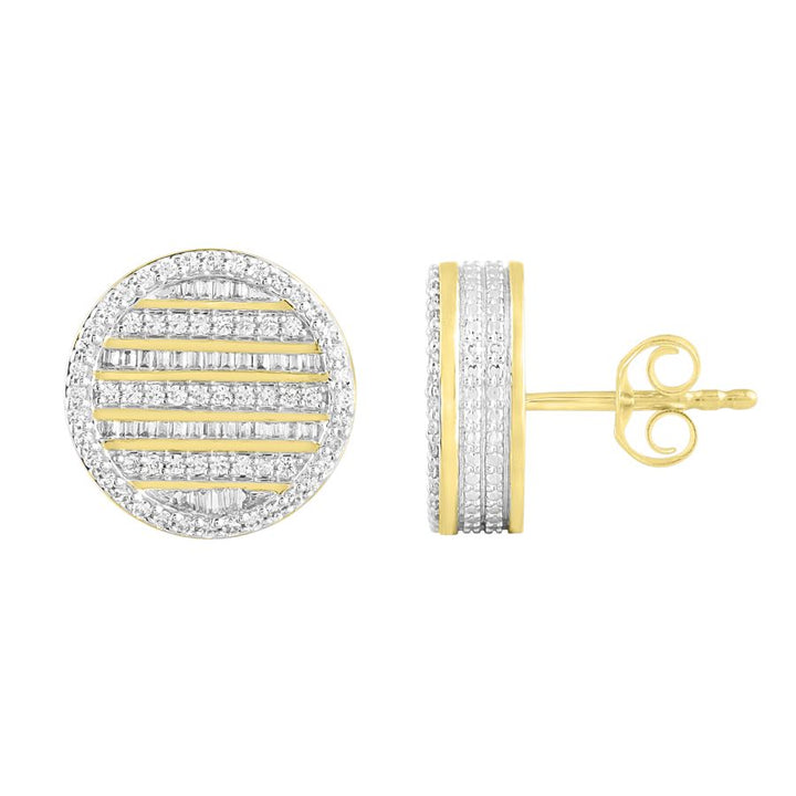 MEN'S STUD EARRINGS 1.00CT ROUND/BAGUETTE DIAMOND 10K YELLOW GOLD