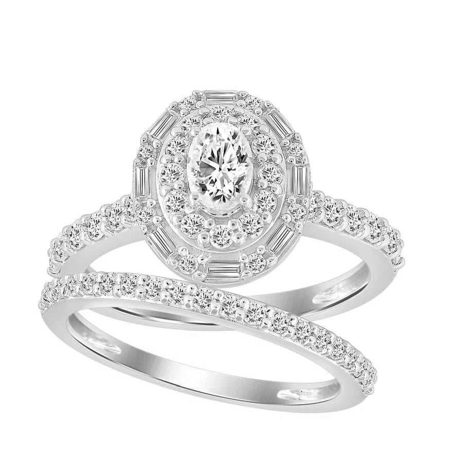 LADIES BRIDAL SET 1.25CT ROUND/BAGUETTE DIAMOND 14K WHITE GOLD (CENTER STONE 0.33CT OVAL DIAMOND)