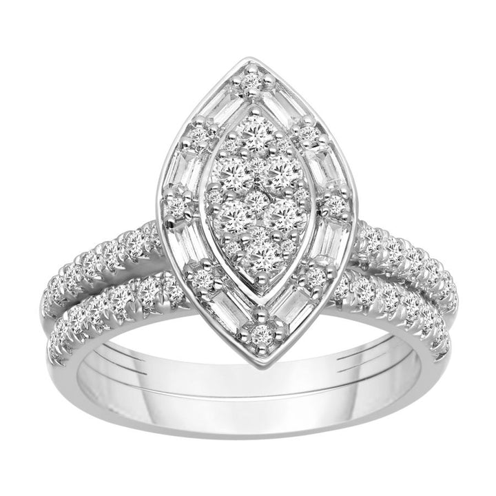 LADIES BRIDAL SET 1.00CT ROUND/BAGUETTE DIAMOND 14K WHITE GOLD