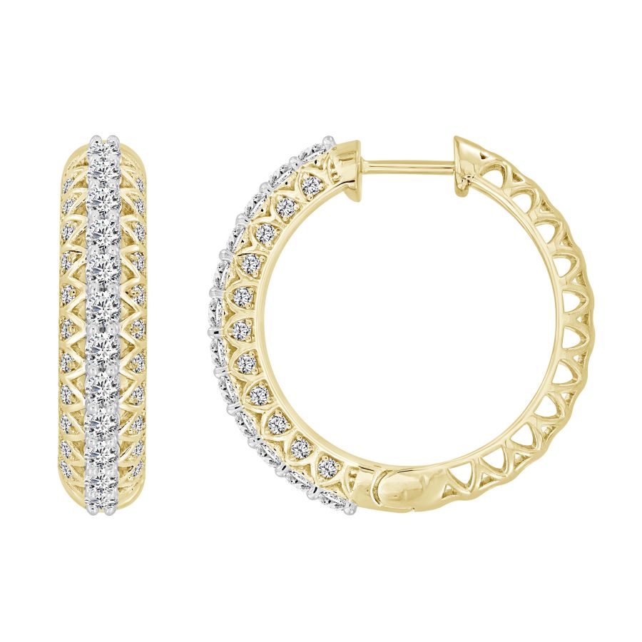 LADIES HOOP EARRINGS 1.50CT ROUND DIAMOND 14K YELLOW GOLD