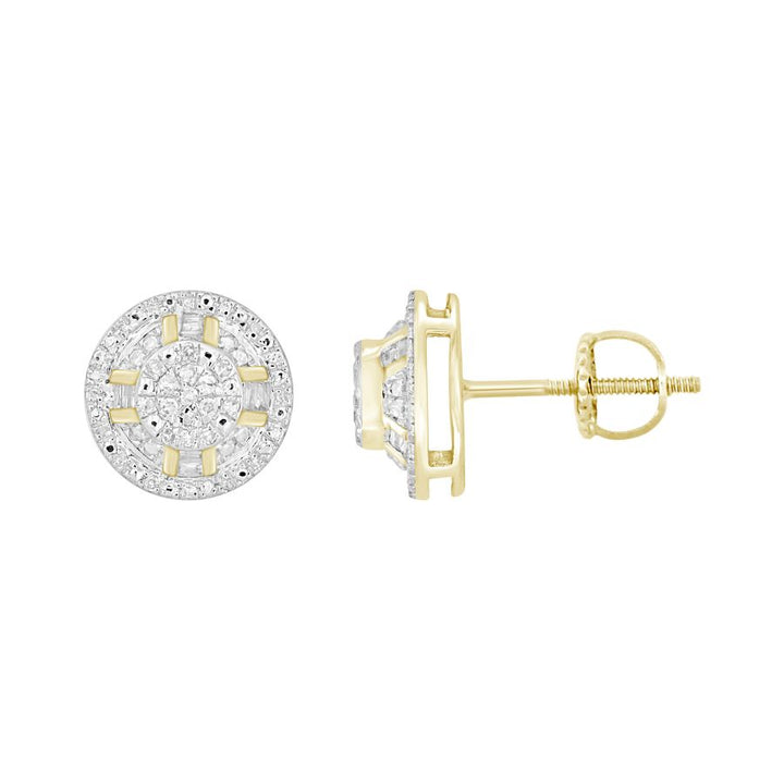 LADIES EARRINGS 0.20CT ROUND/BAGUETTE DIAMOND 10K YELLOW GOLD