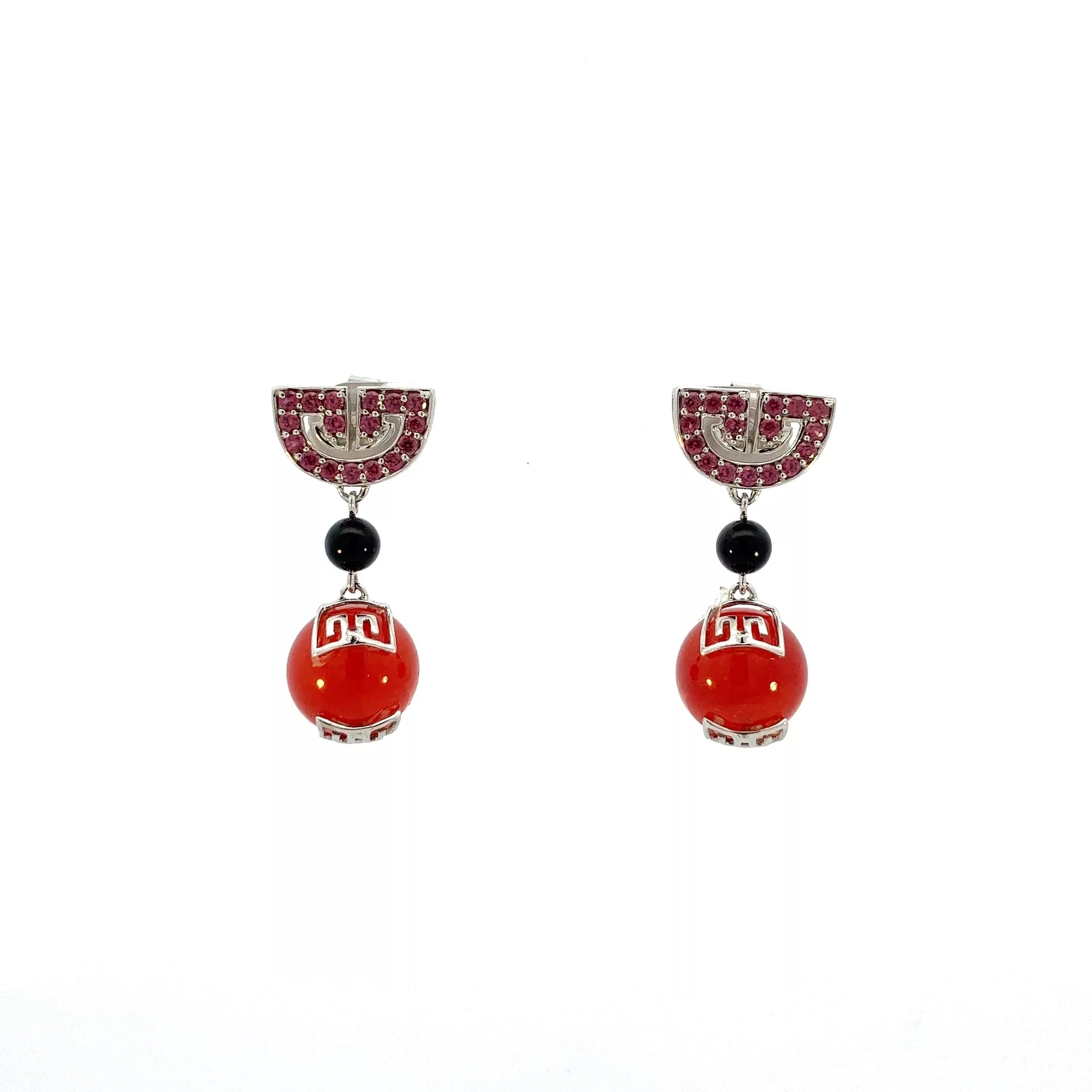 14 Karat White Gold Dangle Earrings with Carnelian and Topaz Gemstones