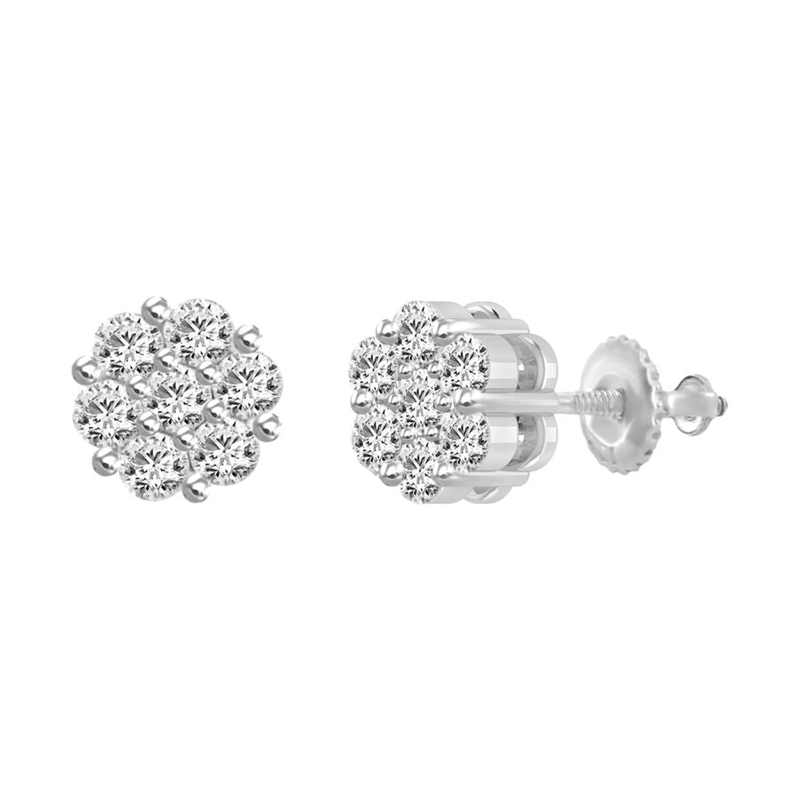 LADIES FLOWER EARRINGS 1.50CT ROUND DIAMOND 14K WHITE GOLD