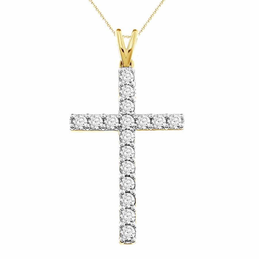 LADIES CROSS PENDANT WITH CHAIN 1.00CT ROUND DIAMOND 14K YELLOW GOLD (SI QUALITY)