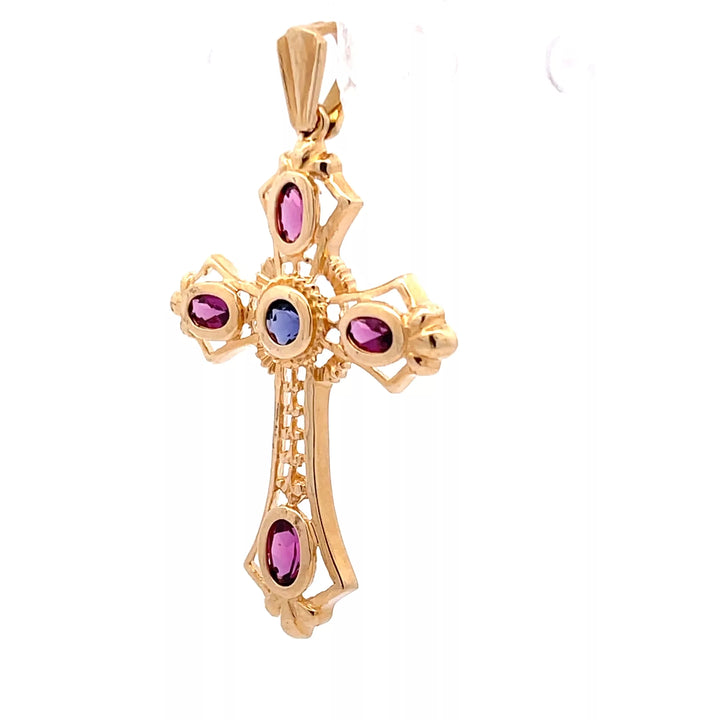 14K Yellow Gold Cross Pendant Necklace with Vivid Red and Sapphire Blue Gemstones - Exquisite Diamond and Fine Estate Jewelry