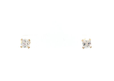 A pair of princess cut diamond stud earrings on a white background.