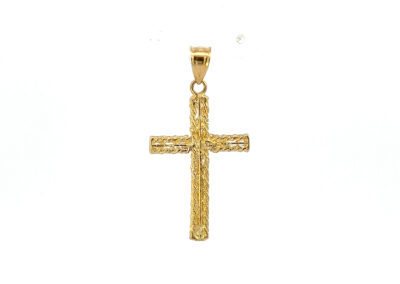 A gold cross pendant on a white background.