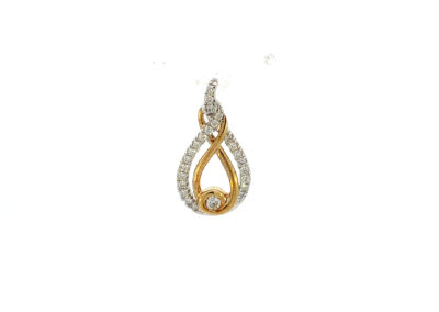 A gold and diamond pendant with a tear shaped design.