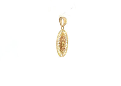 A gold - plated guadalupe pendant on a white background.