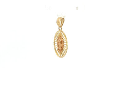 A gold - plated guadalupe pendant on a white background.