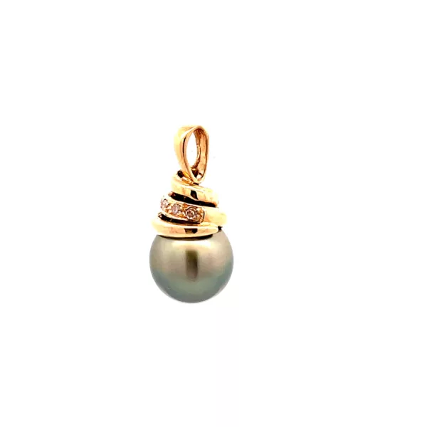 14kt Yellow Gold Tahitian Pearl Pendant - Exquisite Diamond Fine Jewelry Pendant, Luxury Estate Jewelry
