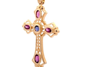 14K Yellow Gold Cross Pendant Necklace with Vivid Red and Sapphire Blue Gemstones - Exquisite Diamond and Fine Estate Jewelry