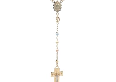 A rosary necklace with a cross and beads.