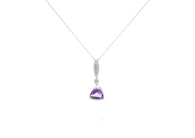 An 14 Karat White Gold Amethyst and Diamond Necklace - 18" on a silver chain.