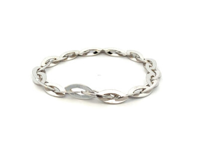 A silver chain bracelet on a white background.