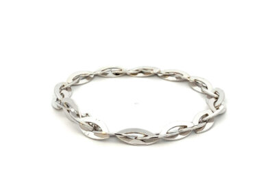 A silver chain bracelet on a white background.