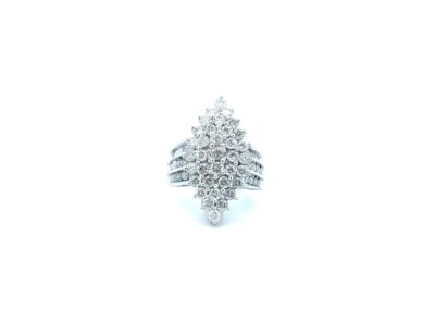 A diamond cluster ring on a white background.