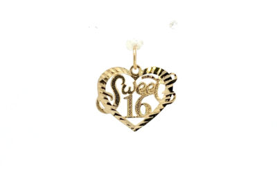 A heart shaped charm with the word sweet 16 on it.