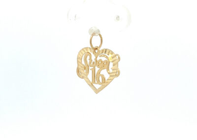A gold plated heart shaped charm hanging from a earring.