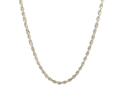 A white gold rope chain necklace on a white background.