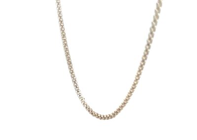 A silver chain necklace on a white background.