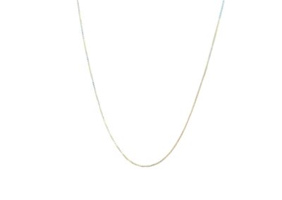 A gold chain necklace on a white background.