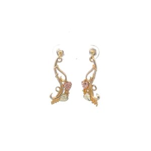 A pair of gold - plated earrings with pink crystals.
