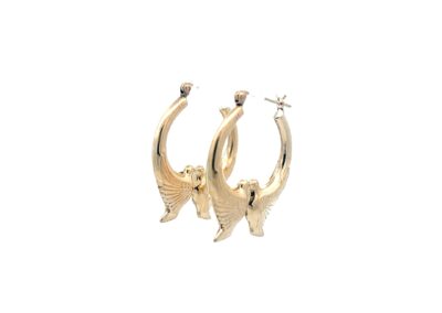A pair of gold hoop earrings on a white background.