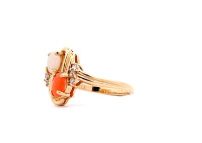 Exquisite 14 Karat Yellow Gold Coral, Diamond, and Opal Ring (Size 8) - A Captivating Piece of Diamond Jewelry