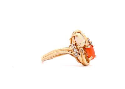 Exquisite 14 Karat Yellow Gold Coral, Diamond, and Opal Ring (Size 8) - A Captivating Piece of Diamond Jewelry