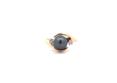 Exquisite 14K Yellow Gold Diamond and Tahitian Pearl Ring - Stunning Fine Jewelry in Size 8