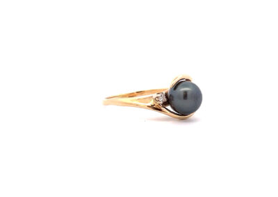 Exquisite 14K Yellow Gold Diamond and Tahitian Pearl Ring - Stunning Fine Jewelry in Size 8