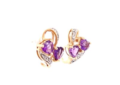 Exquisite 14K Yellow Gold Amethyst and Diamond Heart and Round Stud Earrings: Sparkling Diamond Jewelry for a Sophisticated Look