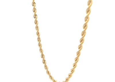 A gold-plated rope chain with a 14 Karat Yellow Gold Cross Pendant on a white background.