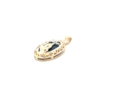 A 14 Karat Yellow Gold Cross Pendant with a black onyx in the center.