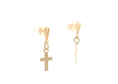 A pair of gold plated cross earrings on a white background featuring a 14 Karat Yellow Gold Cross Pendant.