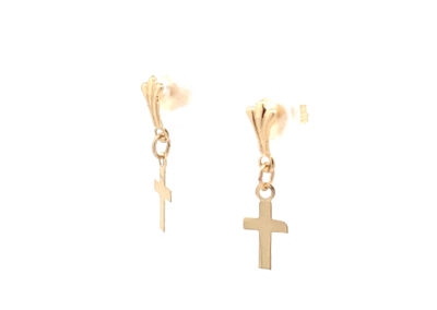 A pair of 14 Karat Yellow Gold Cross Pendant earrings on a white background.