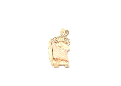 A 14 Karat Yellow Gold Cross Pendant with a Jesus image on it.