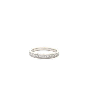 A white gold ring adorned with diamonds