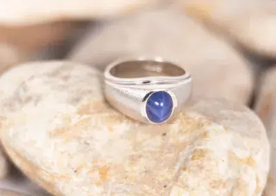 A sterling silver ring with a lapis stone and 14 Karat Yellow Gold Fashion Chain accent.