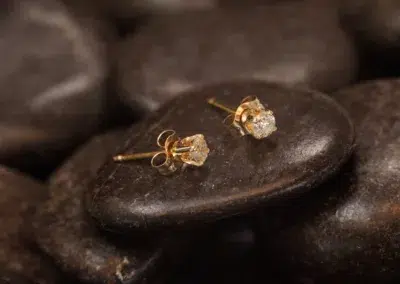 A pair of 14 Karat Yellow Gold Comfort Fit Band stud earrings on top of rocks.